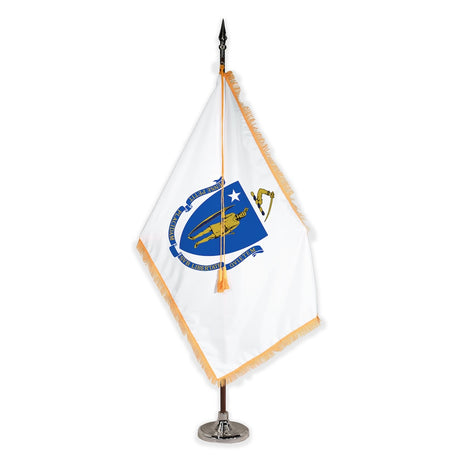Massachusetts deluxe oak indoor flag set with gold fringe on plastic 