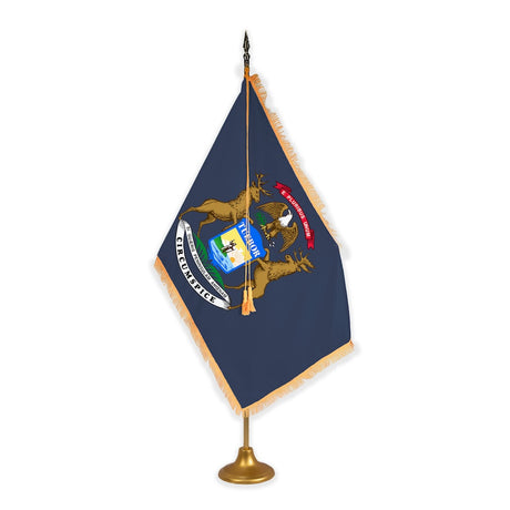 Michigan adjustable indoor flag set with gold fringe on metal stand