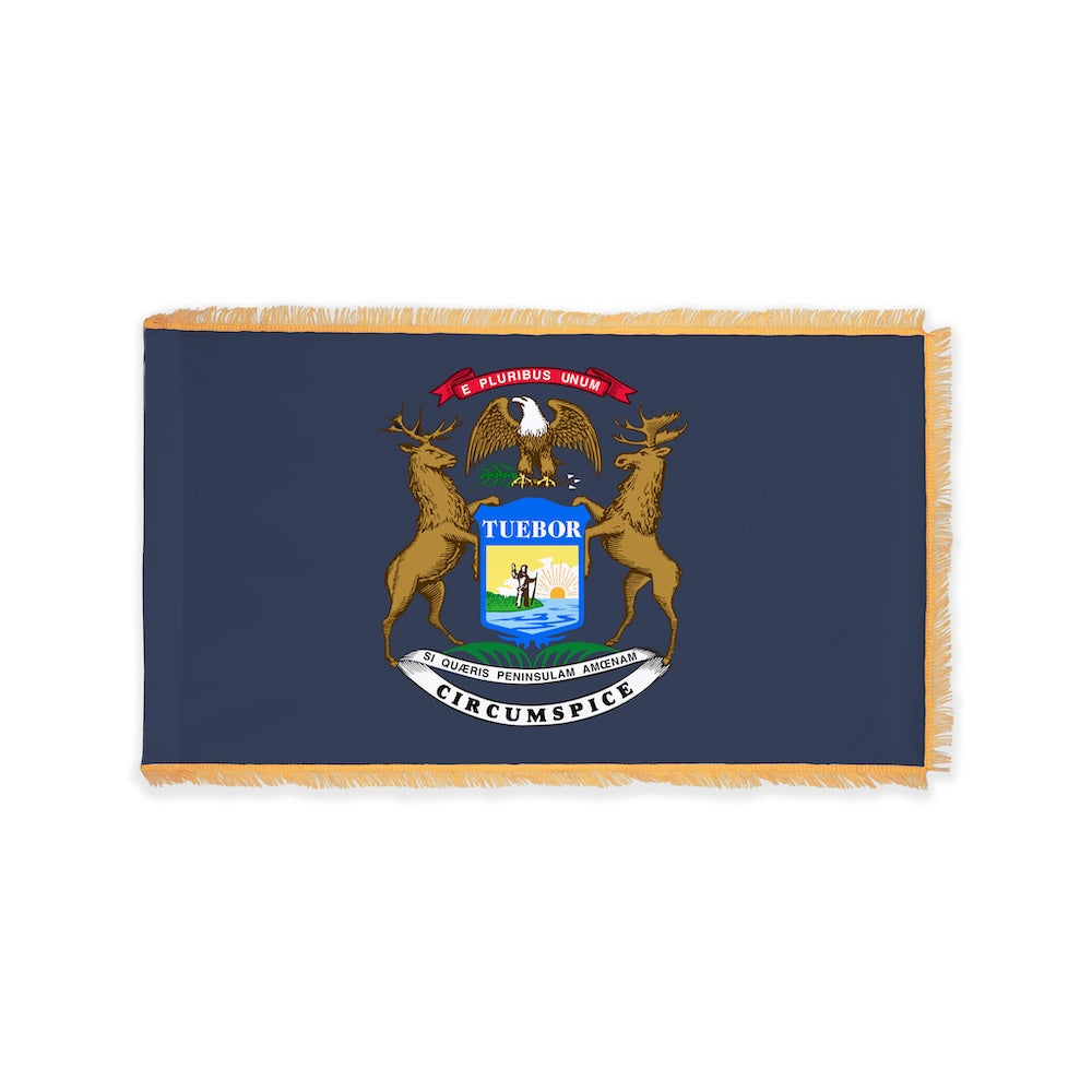 Michigan state flag with pole sleeve and fringe