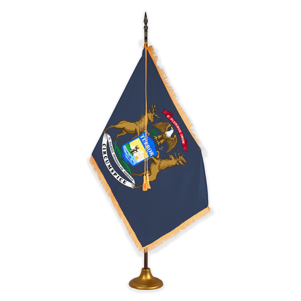 Michigan deluxe oak indoor flag set with gold fringe on metal stand