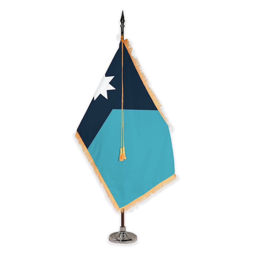 Minnesota deluxe oak indoor flag set with gold fringe on plastic stand