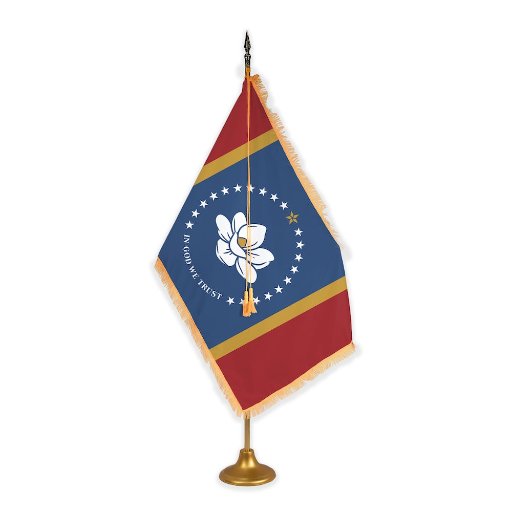 Mississippi adjustable indoor flag set with gold fringe on metal stand