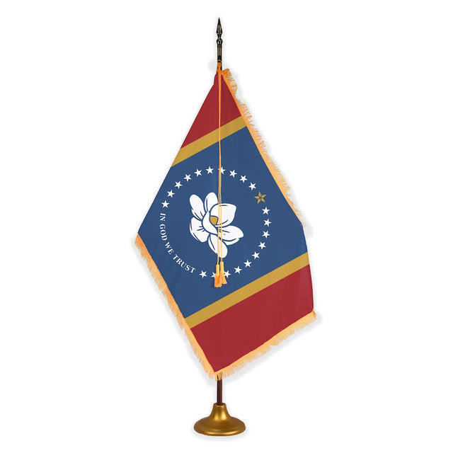 Mississippi deluxe oak indoor flag set with gold fringe on metal stand