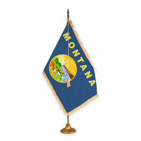 Montana adjustable indoor flag set with gold fringe on metal stand