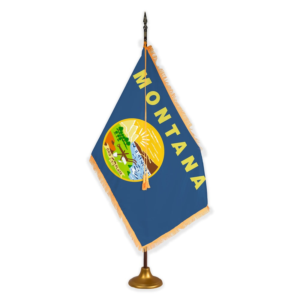 Montana deluxe oak indoor flag set with gold fringe on metal stand