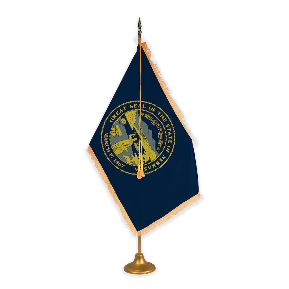 Nebraska adjustable indoor flag set with gold fringe on metal stand