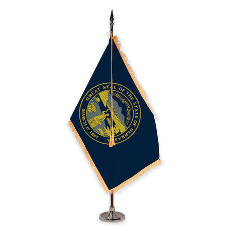 Nebraska deluxe oak indoor flag set with gold fringe on plastic stand