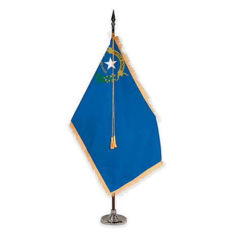 Nevada deluxe oak indoor flag set with gold fringe on plastic stand