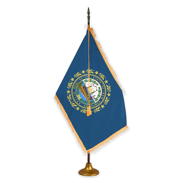 New Hampshire deluxe oak indoor flag set with gold fringe on metal 