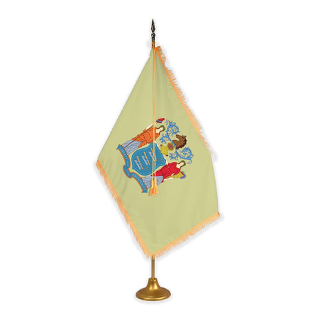 New Jersey adjustable indoor flag set with gold fringe on metal stand