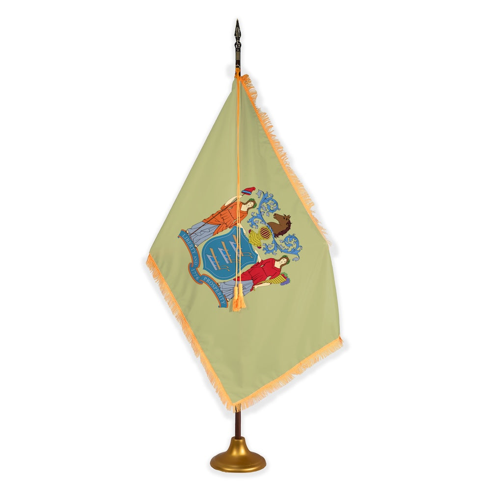 New Jersey deluxe oak indoor flag set with gold fringe on metal stand