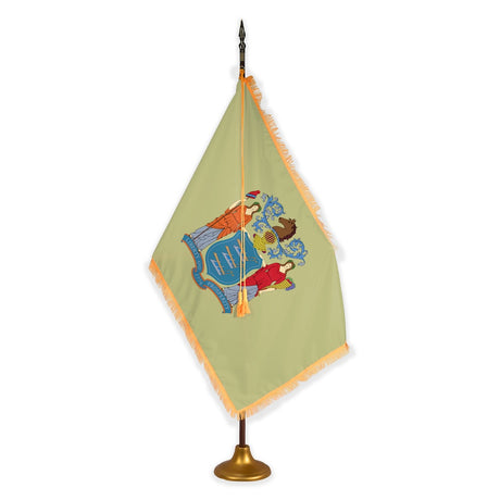 New Jersey deluxe oak indoor flag set with gold fringe on metal stand