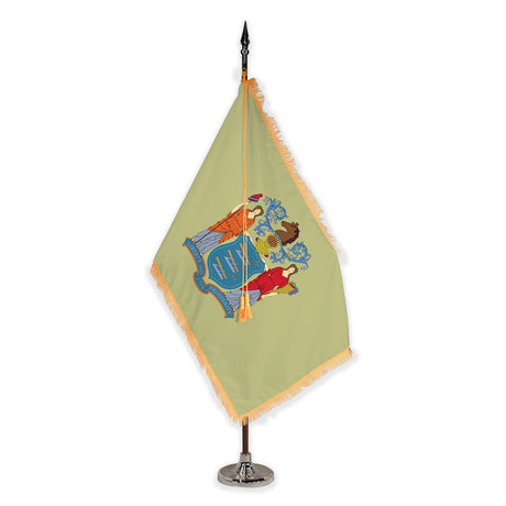 New Jersey deluxe oak indoor flag set with gold fringe on plastic stand