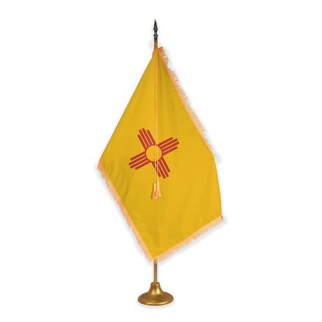 New Mexico adjustable indoor flag set with gold fringe on metal stand