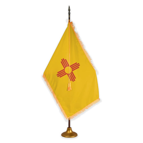 New Mexico deluxe oak indoor flag set with gold fringe on metal stand