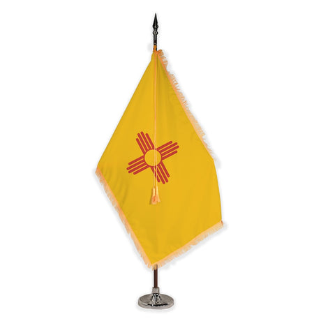 New Mexico deluxe oak indoor flag set with gold fringe on plastic stand