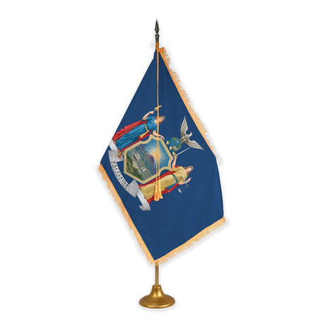 New York adjustable indoor flag set with gold fringe on metal stand