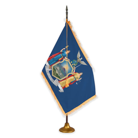 New York deluxe oak indoor flag set with gold fringe on metal stand