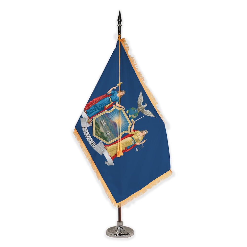 New York deluxe oak indoor flag set with gold fringe on plastic stand