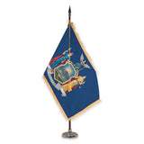 New York deluxe oak indoor flag set with gold fringe on plastic stand