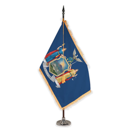 New York deluxe oak indoor flag set with gold fringe on plastic stand