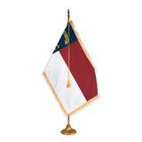 North Carolina adjustable indoor flag set with gold fringe on metal stand