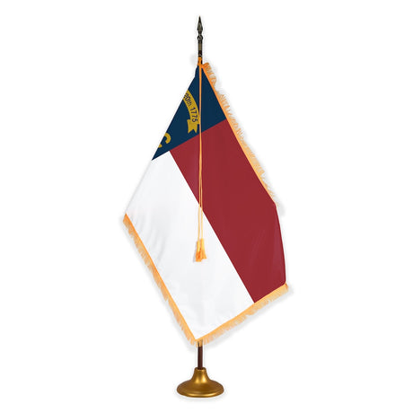 North Carolina deluxe oak indoor flag set with gold fringe on metal stand