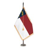 North Carolina deluxe oak indoor flag set with gold fringe on plastic stand