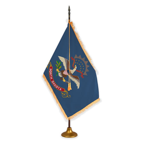 North Dakota deluxe oak indoor flag set with gold fringe on metal stand