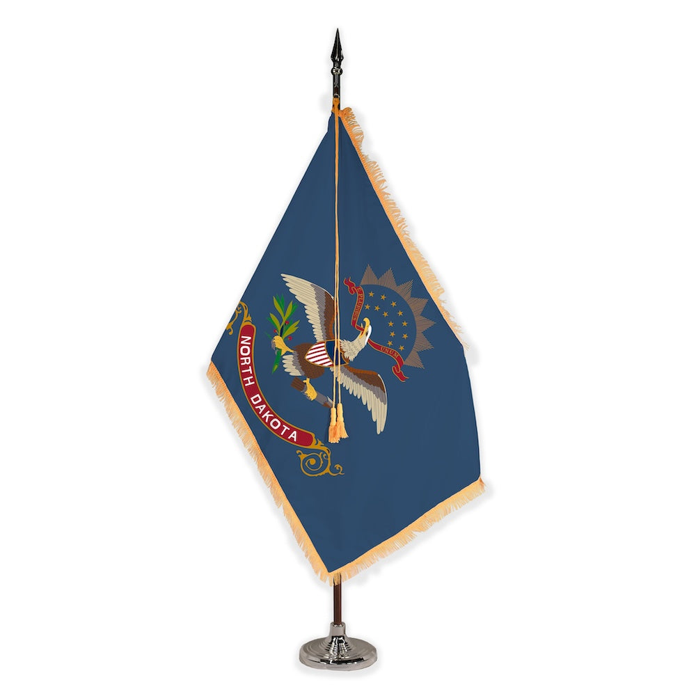 North Dakota deluxe oak indoor flag set with gold fringe on plastic stand