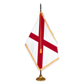 Alabama deluxe oak indoor flag set with gold fringe on metal stand