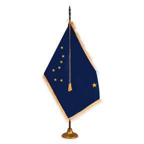 Alaska deluxe oak indoor flag set with gold fringe on metal stand