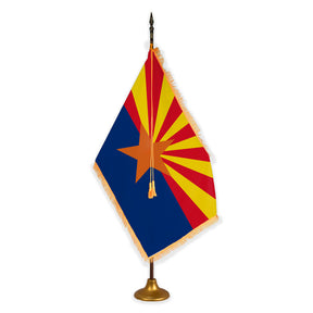 Arizona deluxe oak indoor flag set with gold fringe on metal stand