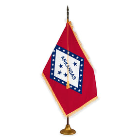 Arkansas deluxe oak indoor flag set with gold fringe on metal stand