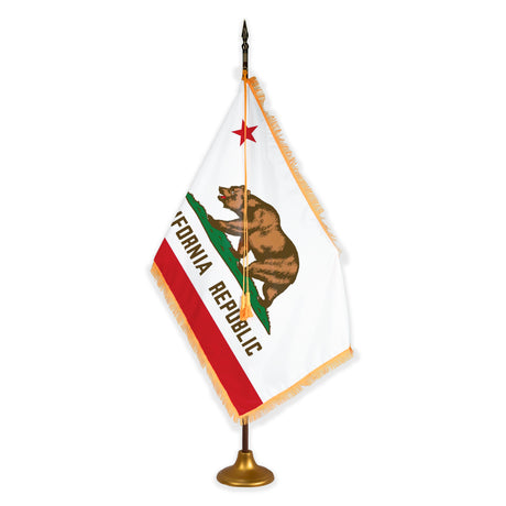 California Republic indoor flag set with gold fringe on metal stand