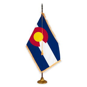 Colorado deluxe oak indoor flag set with gold fringe on metal stand
