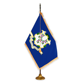 Connecticut deluxe oak indoor flag set with gold fringe on metal stand