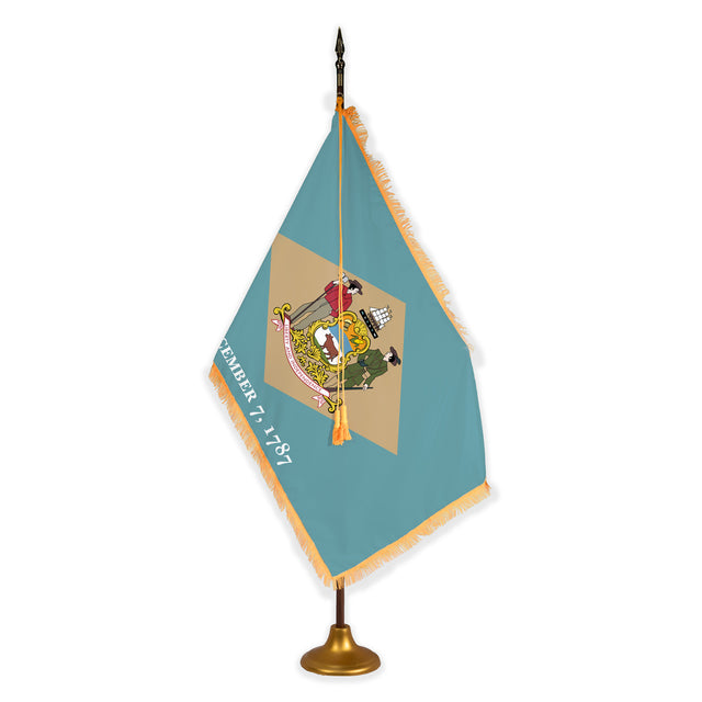 Delaware deluxe oak indoor flag set with gold fringe on metal stand