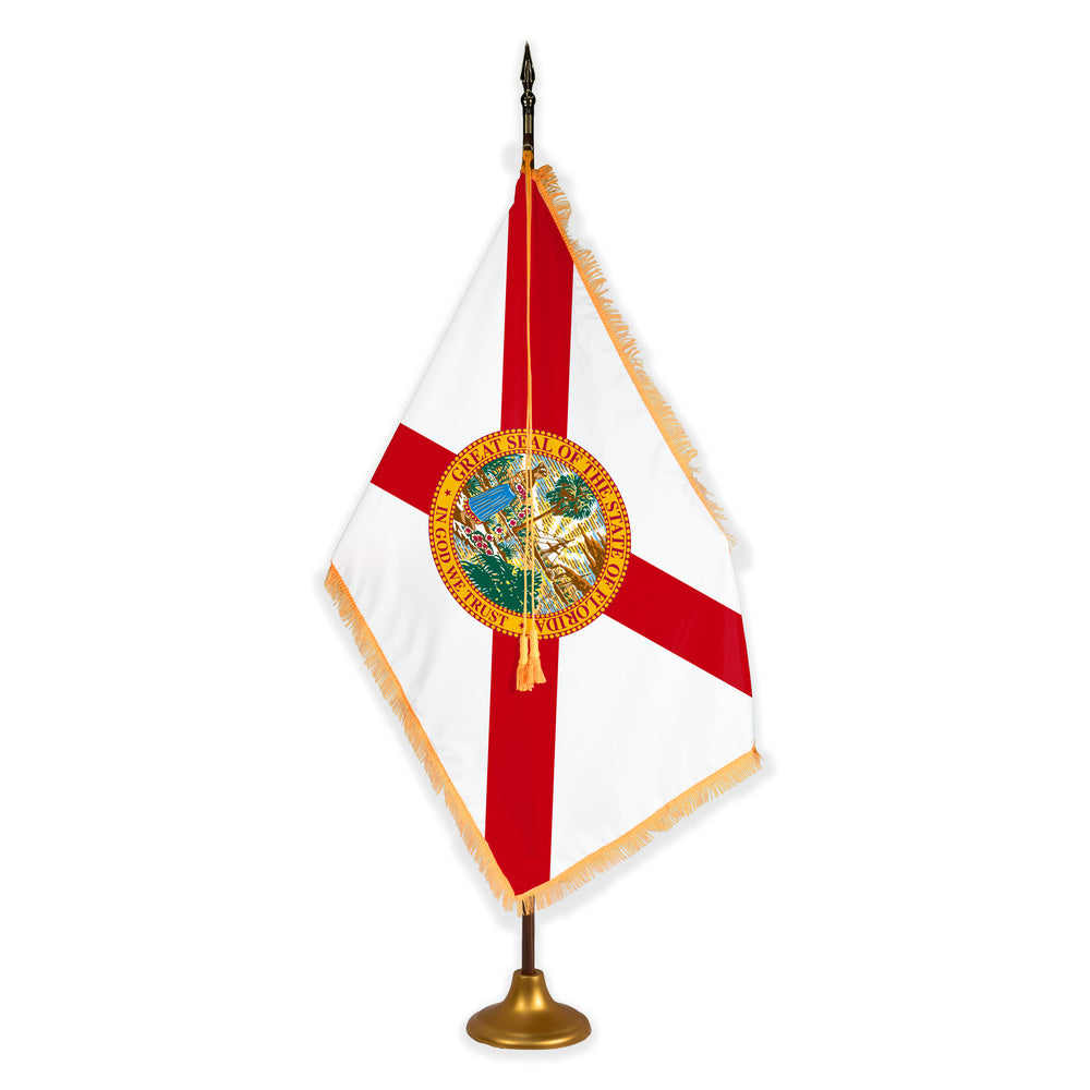 Florida deluxe oak indoor flag set with gold fringe on metal stand