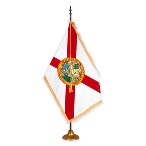 Florida deluxe oak indoor flag set with gold fringe on metal stand