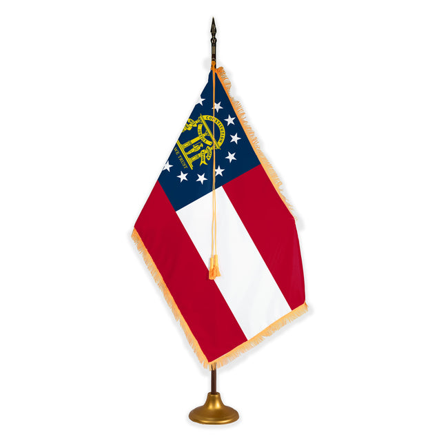 Georgia deluxe oak indoor flag set with gold fringe on metal stand