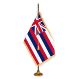 Hawaii deluxe oak indoor flag set with gold fringe on metal stand