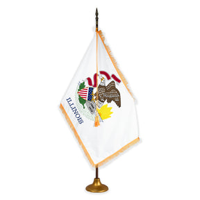 Illinois deluxe oak indoor flag set with gold fringe on metal stand