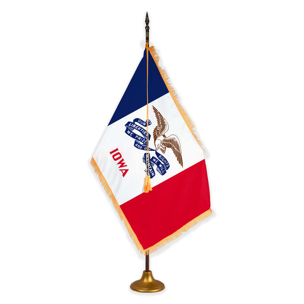 Iowa deluxe oak indoor flag set with gold fringe on metal stand