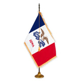 Iowa deluxe oak indoor flag set with gold fringe on metal stand