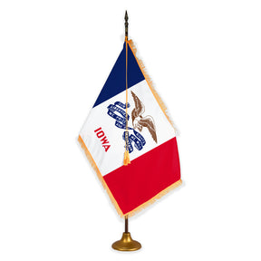 Iowa deluxe oak indoor flag set with gold fringe on metal stand