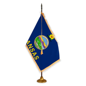 Kansas deluxe oak indoor flag set with gold fringe on metal stand