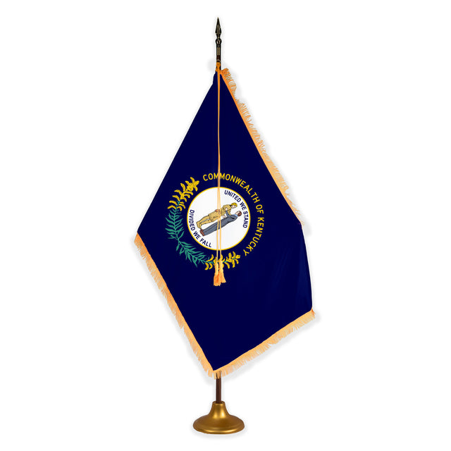 Kentucky deluxe oak indoor flag set with gold fringe on metal stand