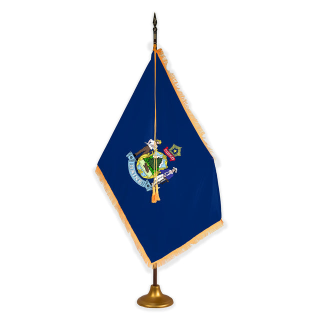 Maine deluxe oak indoor flag set with gold fringe on metal stand