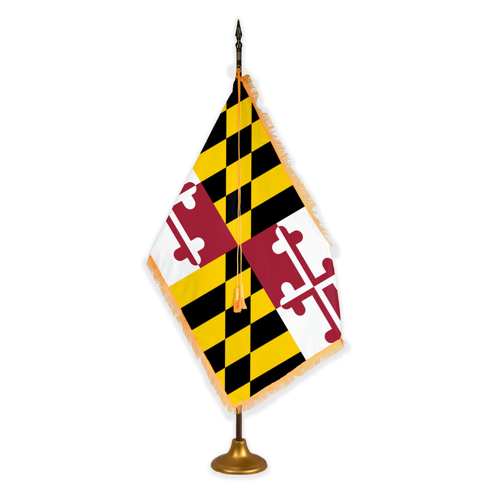 Maryland deluxe oak indoor flag set with gold fringe on metal stand